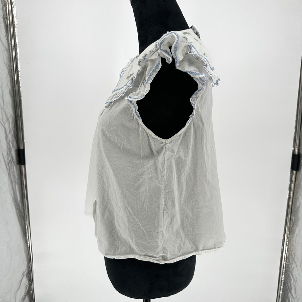 Zara White Cotton Peter Pan Collar Blouse Puff Sleeve Ruffle Top Cottage Small - Picture 5 of 6